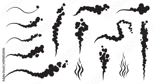 Set of black cartoon smoke or odor clouds isolated on white background.