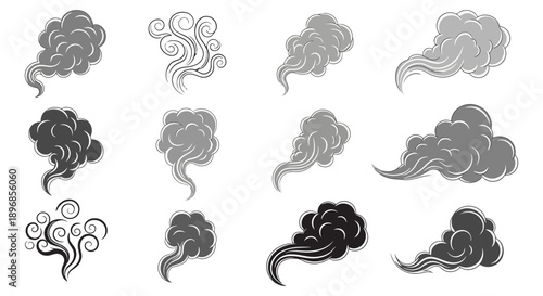 Collection of stylized smoke and cloud elements in various shapes and shades of gray and black.