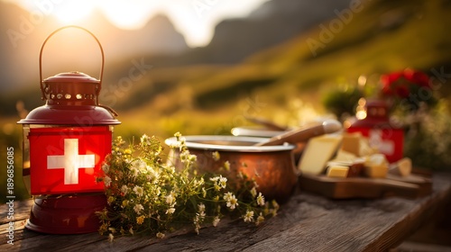 Wallpaper Mural Gemütliches Picknick in den Alpen mit Schweizer Laterne
 Torontodigital.ca