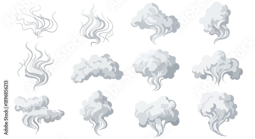 Collection of realistic white smoke and steam clouds on a transparent background.