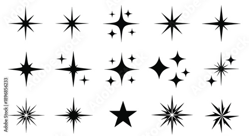 Collection of various sparkling star icons and twinkle light symbols.