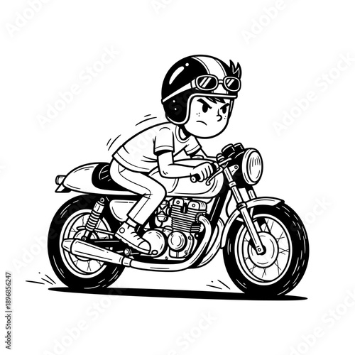 Cartoon of a determined person riding a vintage motorcycle.