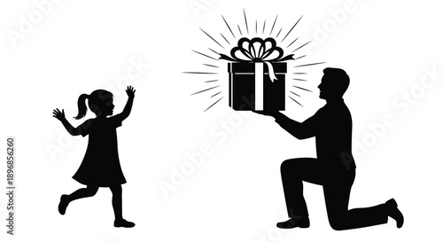 Father giving birthday gift box to happy young daughter, family celebration silhouette vector, surprise present for child, 