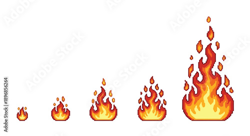 Progression of pixel art flames from small embers to a large inferno.