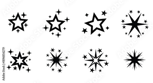Set of eight sparkling star icons in black and white.