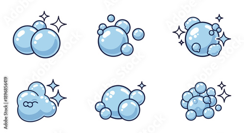 Collection of six shiny blue soap bubbles with sparkling effects.