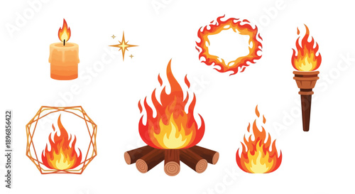 Collection of various fire elements including a campfire, torch, candle, and decorative flames.