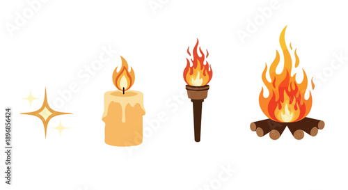 Set of four distinct fire and light sources, from a spark to a bonfire.