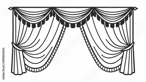 Elegant Curtain Illustration Featuring Drapery and Tassels from a Front Viewpoint