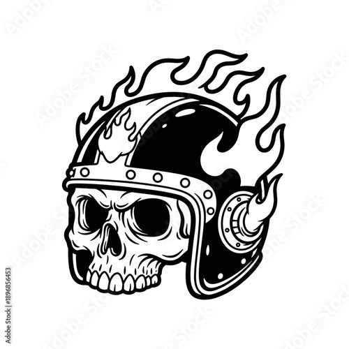 Skull Wearing Flaming Motorcycle Helmet Illustration.
