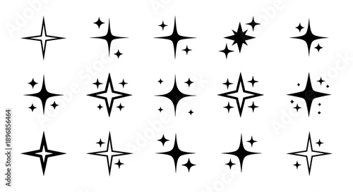 Collection of various sparkling star icons in black and white.