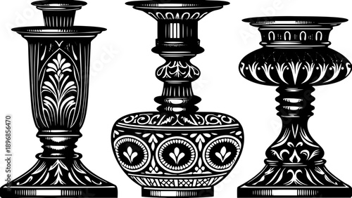 Ornate vases displayed together showcasing intricate designs and varied shapes in a classic black and white illustration