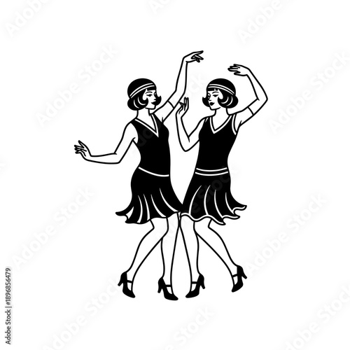 Two flapper women dancing in 1920s style dresses.