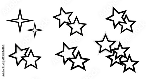 Collection of various outlined star shapes and sparkling starbursts.
