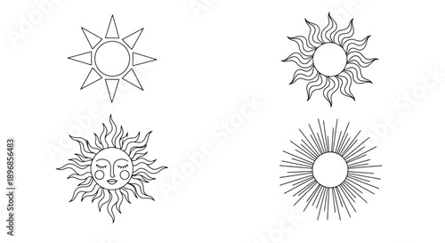 Diverse celestial sun line art illustrations set with unique designs.