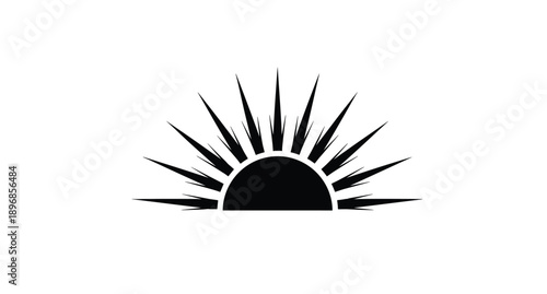 Black and white minimalist sunburst vector illustration featuring a half circle with sharp radial rays, isolated 