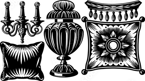 Ornate decorative elements including candelabra, urn, and embroidered cushions in a luxurious interior illustration from a frontal viewpoint