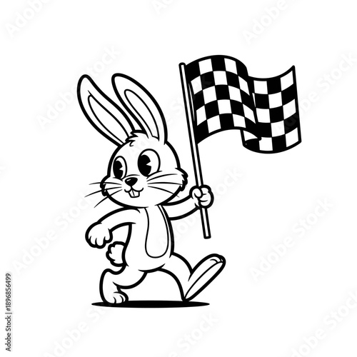 Cute cartoon rabbit holding a checkered racing flag.