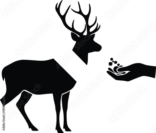Black deer buck silhouette with antlers being fed by human hand vector, wildlife care and animal friendship concept, nature conservation isolated on 