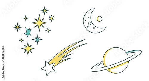 Hand-drawn celestial objects - stars, moon, comet, and Saturn.