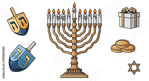 Hanukkah Symbols Menorah Dreidels Gift Star of David and Gelt.