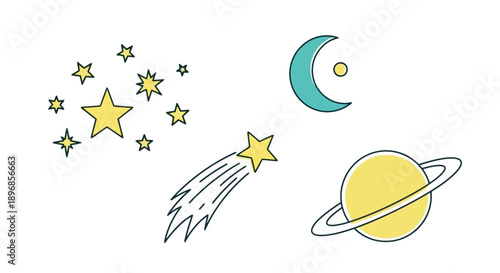 Colorful celestial objects including stars, moon, comet, and planet.