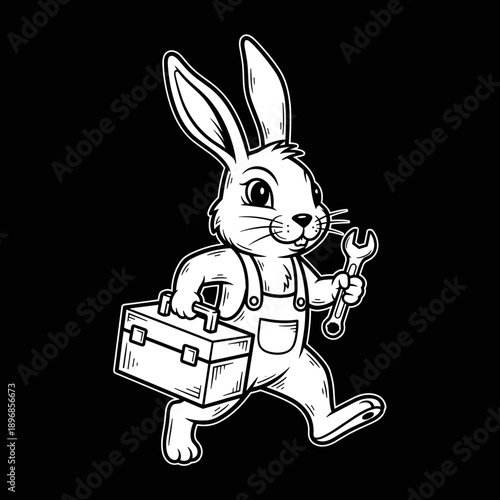 Cartoon rabbit handyman carrying toolbox and wrench.