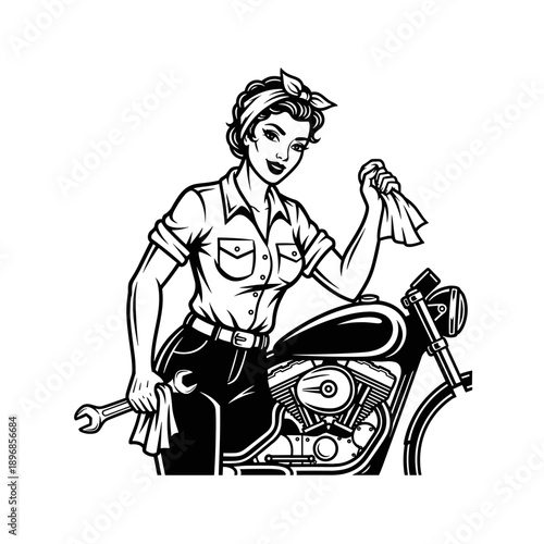 Retro Pin-Up Girl Mechanic with Wrench and Rag Leaning on Classic Motorcycle.