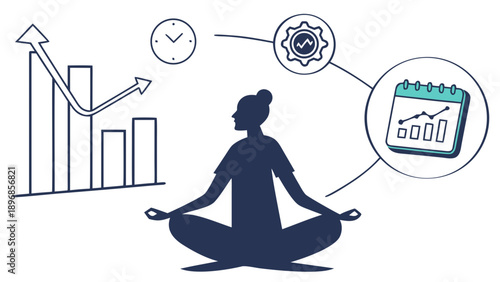 A person meditating in lotus position with graphs and charts surrounding them, illustrating productivity and time management