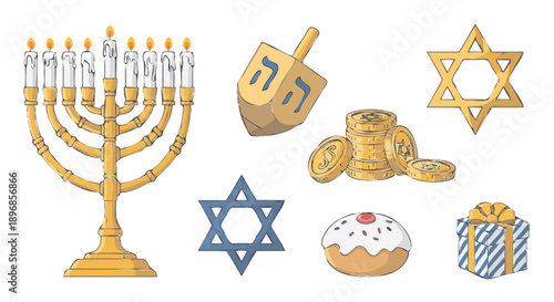 Hanukkah Symbols Collection Menorah Dreidel Star of David Gift.