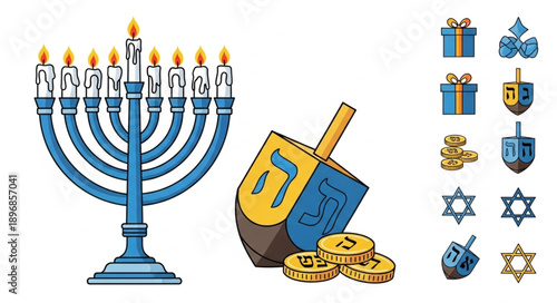Hanukkah Symbols Including Menorah Dreidel and Star of David.
