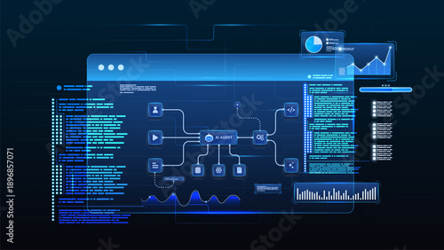AI workflow automation artificial intelligence. ai agent automation dashboard with coding, processing, analytics charts and automation system.