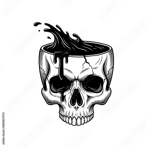 Creepy Skull Overflowing with Black Liquid Illustration.