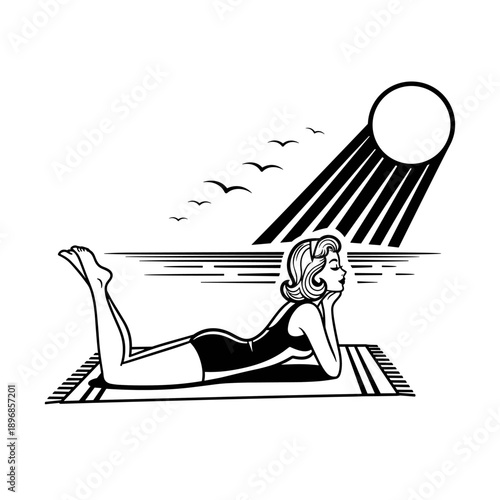 Woman sunbathing on a beach towel under the sun.