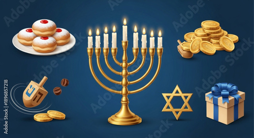 Hanukkah Symbols Including Menorah Dreidel Gift and Food.