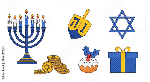 Hanukkah symbols including menorah dreidel gift and star of David.