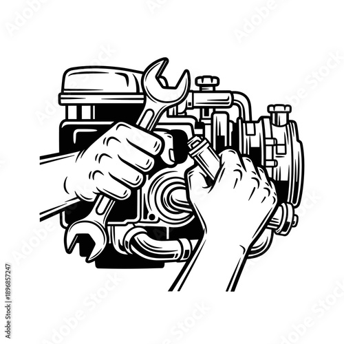 Mechanic Hands Repairing Engine with Tools Illustration.