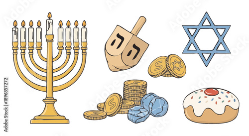 Hanukkah Symbols Including Menorah Dreidel Star of David and Sufganiyah.