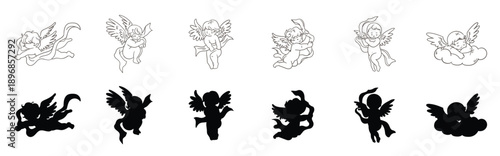 Coquette cupid whimsical set. Hand drawn vintage cherubs with cloud, heart, banner and thoughtful pose in doodle style. vector illustration.