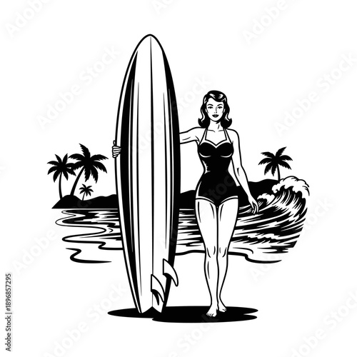 Retro Surfer Woman Posing with Surfboard on Beach.