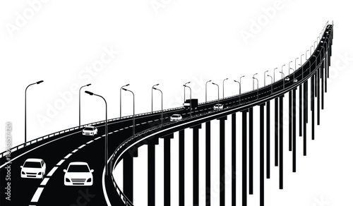 Black and white illustration of a highway bridge with cars and streetlights