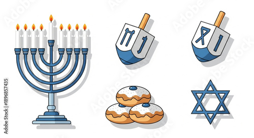 Hanukkah Symbols Including Menorah Dreidels Donuts and Star of David.