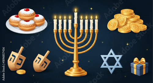 Hanukkah Symbols Including Menorah Dreidels and Sufganiyot.