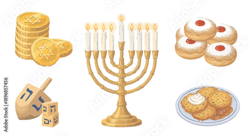 Hanukkah symbols including menorah gelt dreidel and sufganiyot.