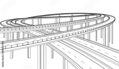 A detailed illustration of a multilevel highway interchange with roads and overpasses