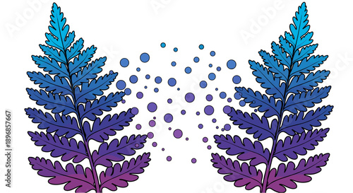 Vibrant illustration showcasing two gradient-colored fern leaves facing each other, with a burst of abstract blue and purple bubbles in the center, symbolizing nature's dynamic energy and artistic