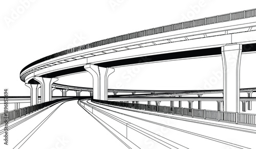 A black and white illustration of a curved highway overpass with multiple lanes and pillars