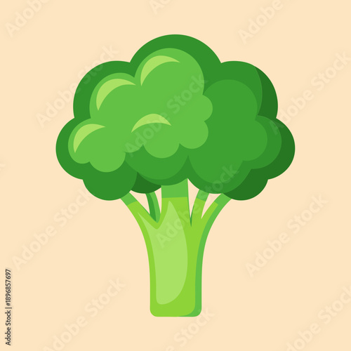 Isolated cartoon green broccoli floret on light orange background for healthy eating