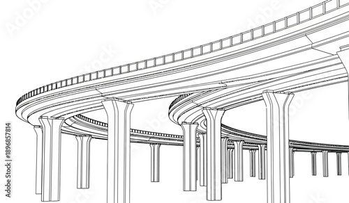 A detailed illustration of a multilevel highway interchange with pillars and ramps