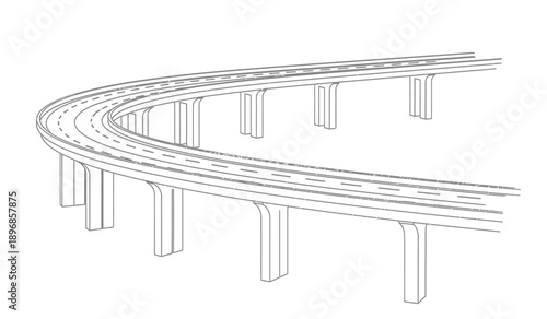 A black and white line drawing of a curved highway overpass with multiple lanes and pillars